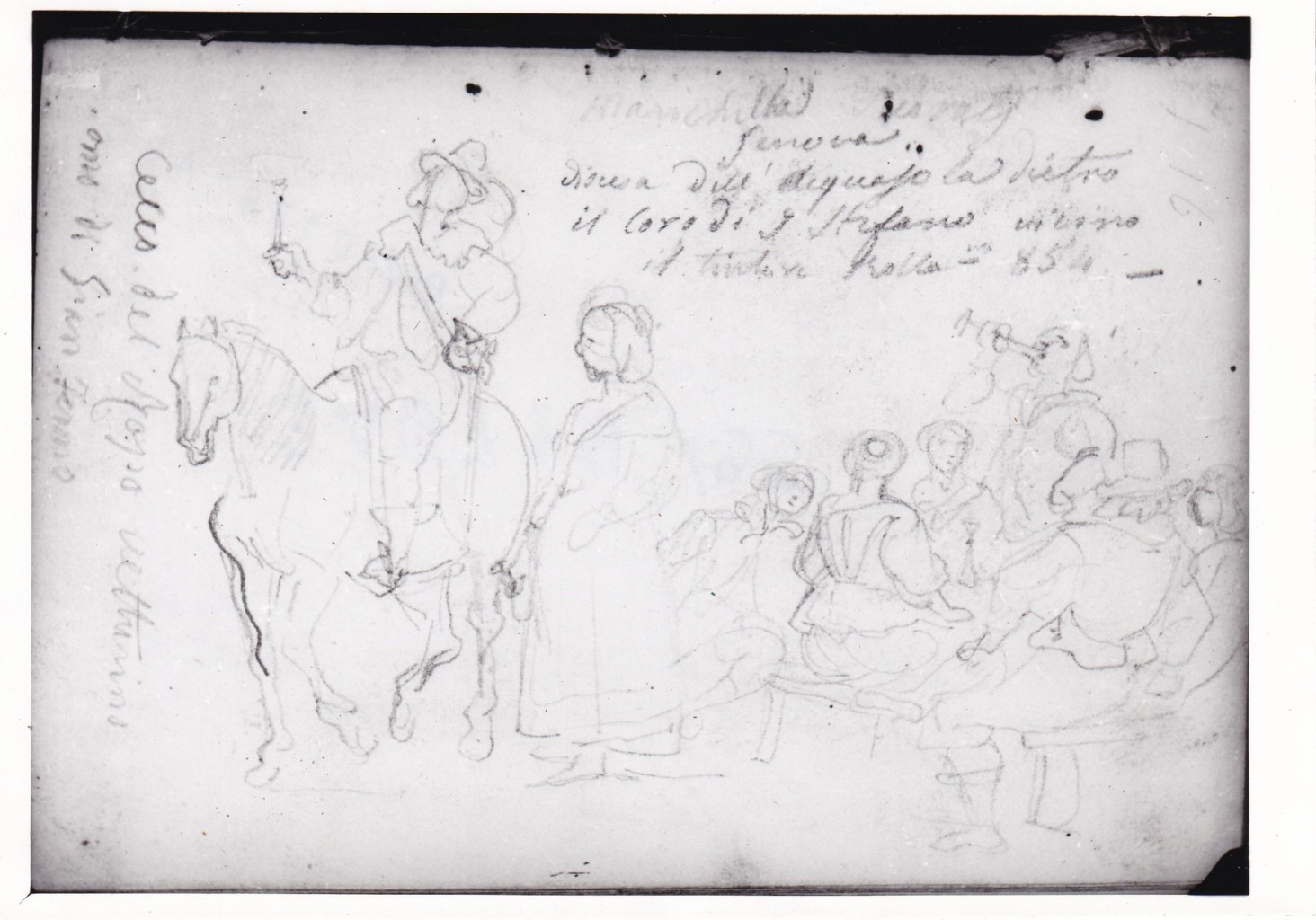 Scena d'ambiente seicentesco con gruppo di bevitori e un cavaliere a cavallo (disegno) di Bezzuoli Giuseppe (sec. XIX)