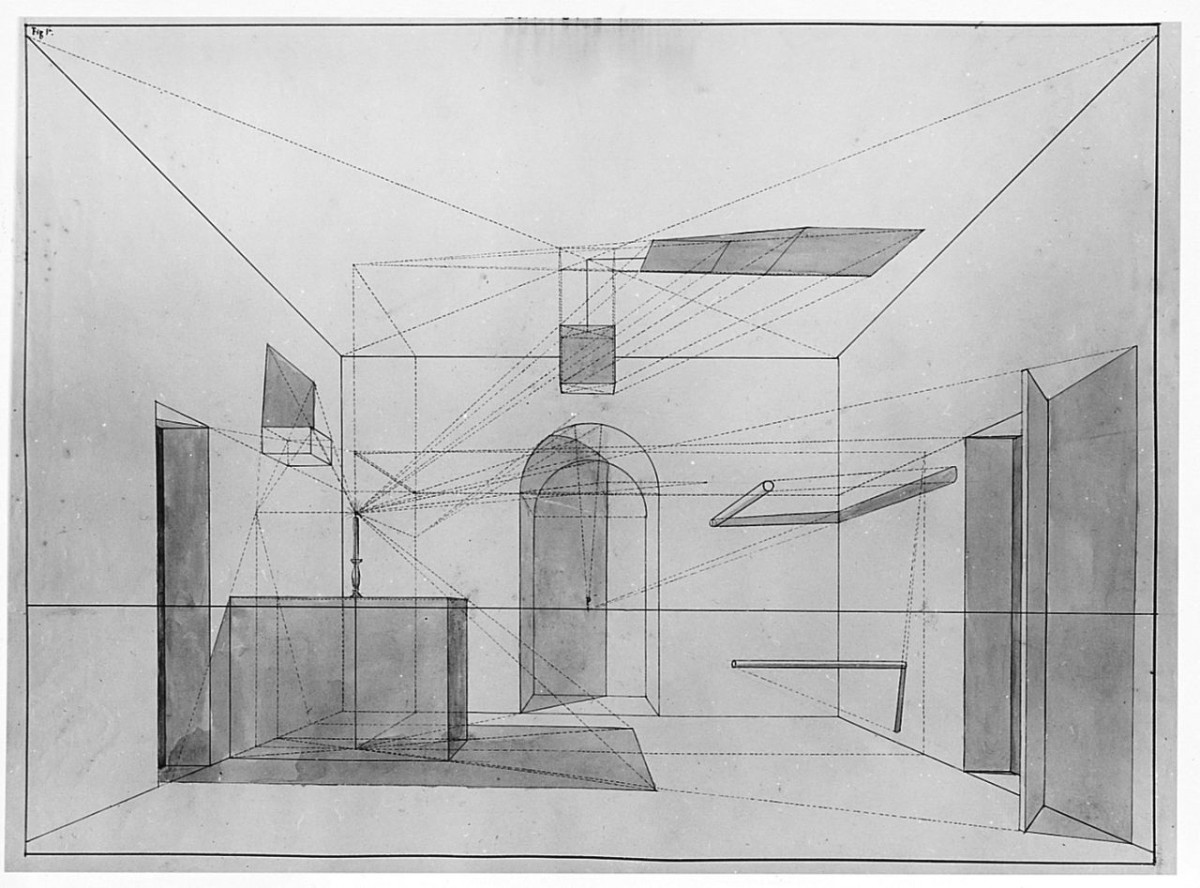 studio geometrico-architettonico: studio delle ombre create in una stanza dal lume di una candela, disegno geometrico (disegno) di Saltini Pietro (terzo quarto sec. XIX)