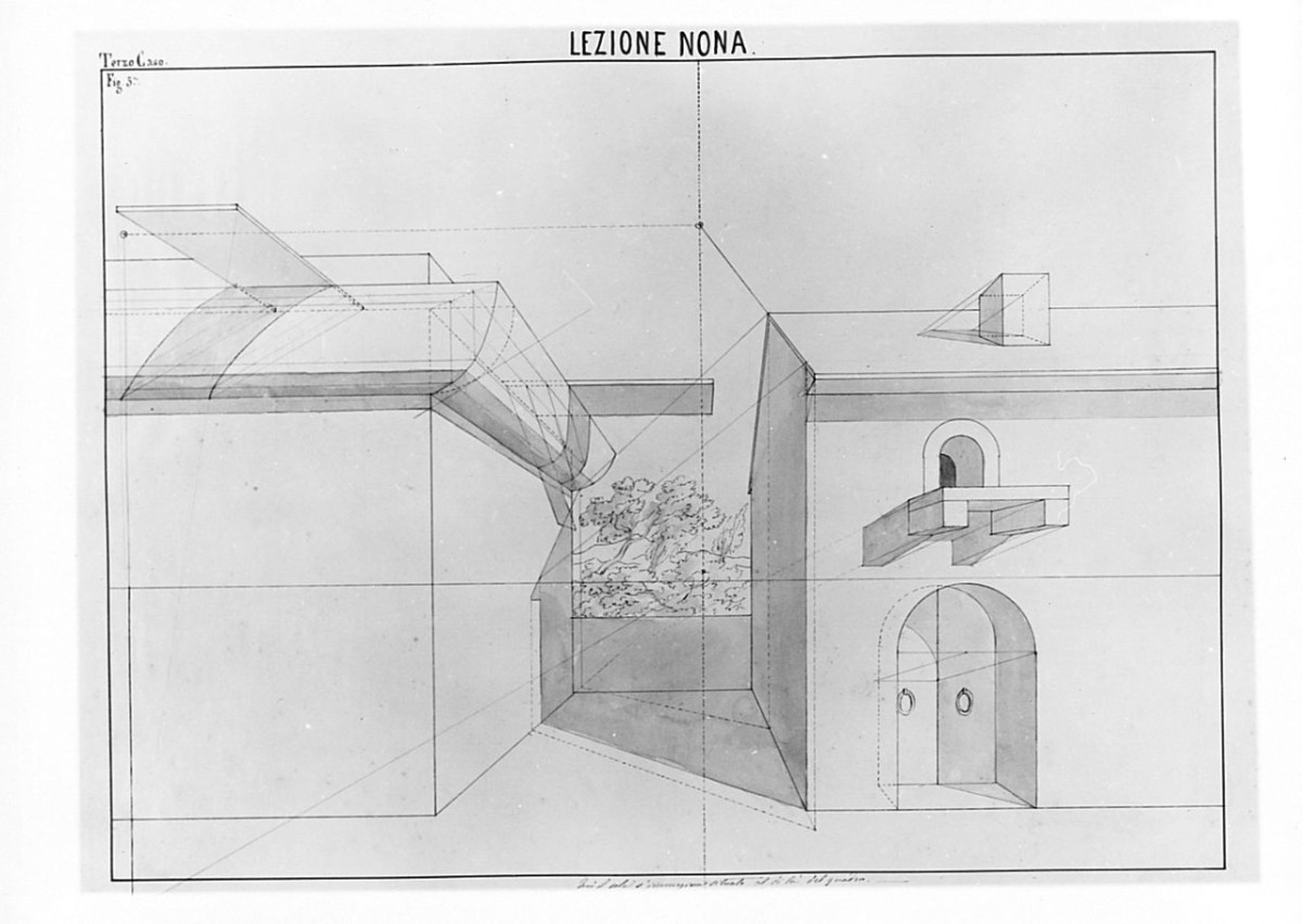studio geometrico-architettonico; studio di edifici con proiezioni delle ombre, disegno geometrico (disegno) di Saltini Pietro (terzo quarto sec. XIX)
