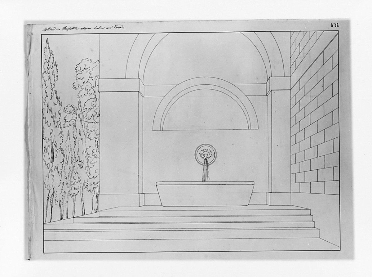 Studio architettonico: studio di una fontana in un giardino, disegno geometrico (disegno) di Saltini Pietro (terzo quarto sec. XIX)