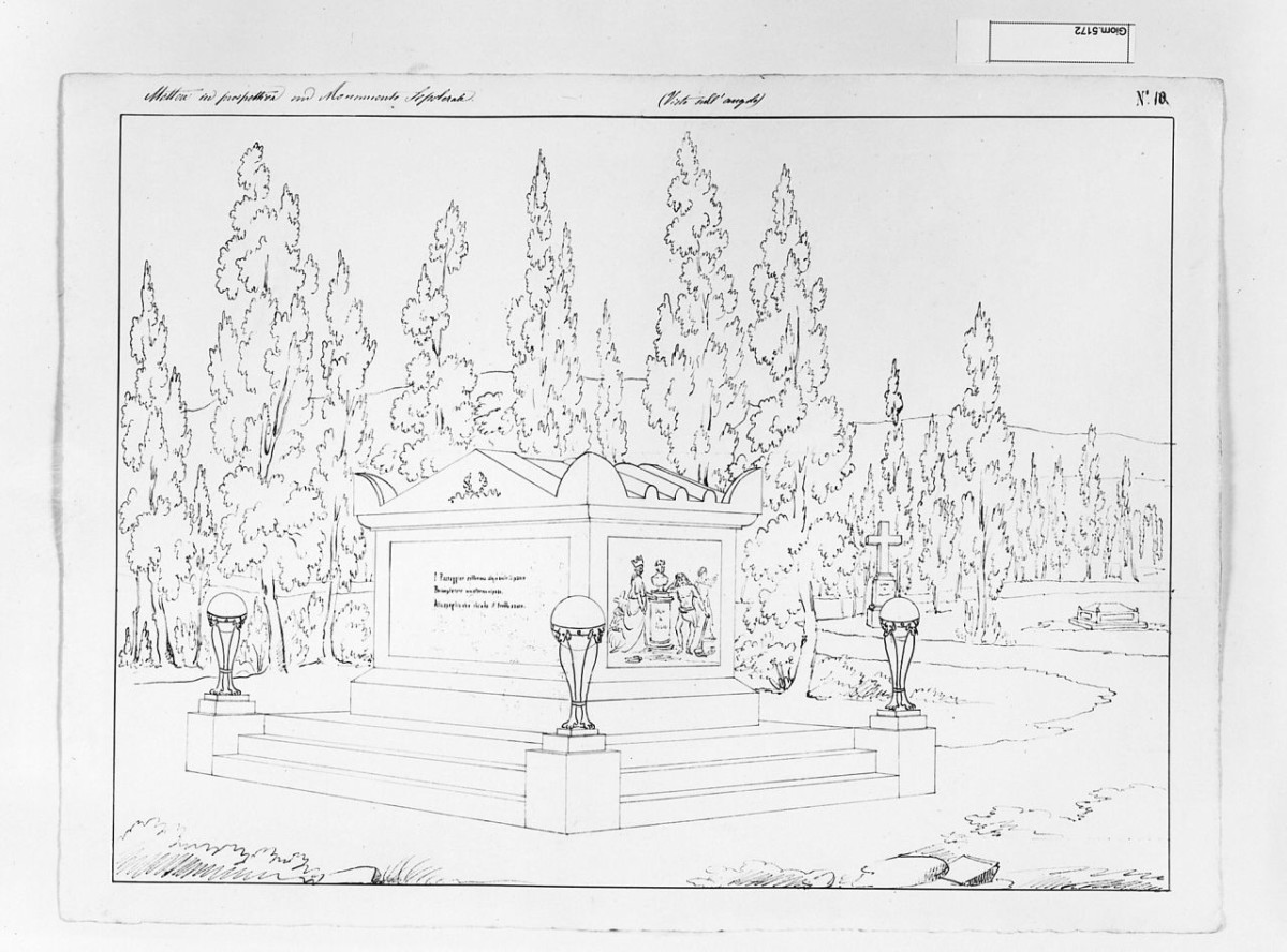 Studio architettonico: studio di un monumento sepolcrale in un cimitero, disegno geometrico (disegno) di Saltini Pietro (terzo quarto sec. XIX)