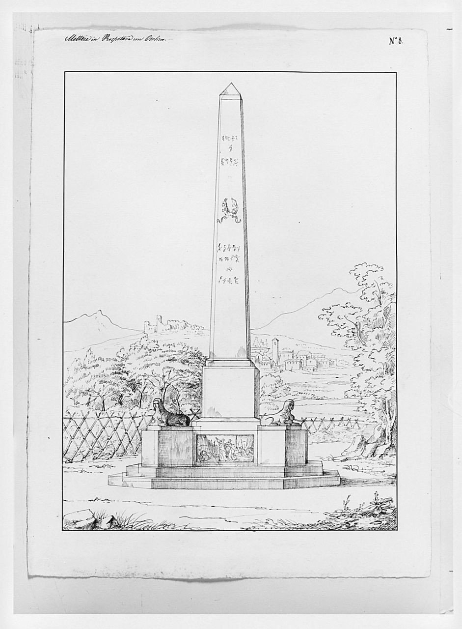 Studio architettonico: studio di obelisco con basamento decorato e sfingi, disegno geometrico (disegno) di Saltini Pietro (terzo quarto sec. XIX)