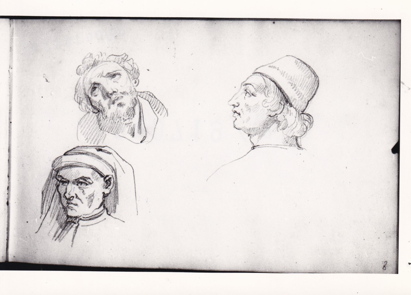 Tre studi di teste virili in costumi di varia epoca (disegno) di Bezzuoli Giuseppe (sec. XIX)