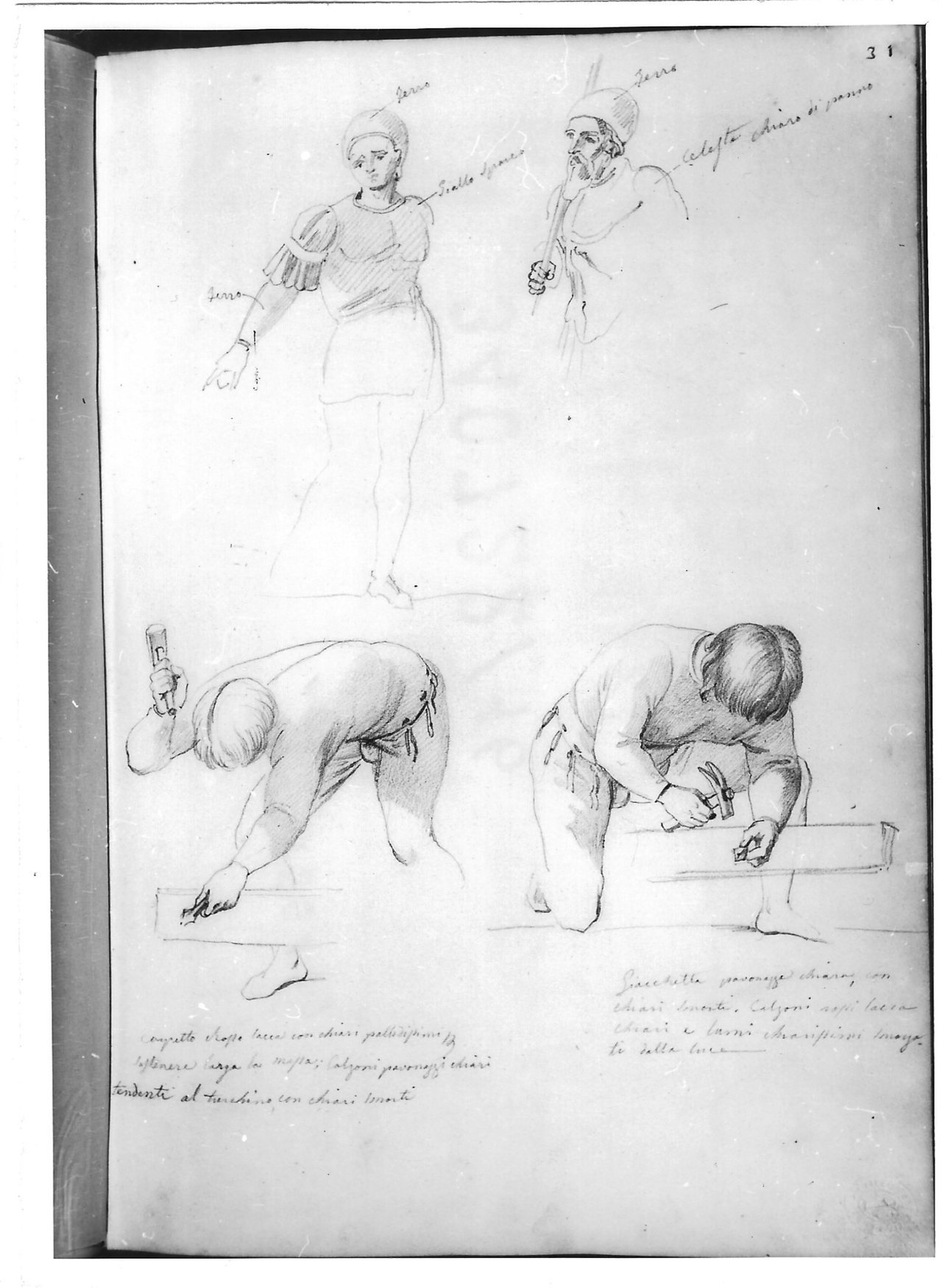 Quattro studi virili in azioni varie (disegno) di Bezzuoli Giuseppe (sec. XIX)