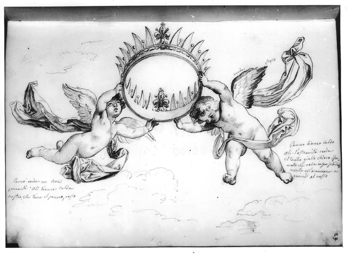 Due putti alati che sostengono una corona (disegno) di Bezzuoli Giuseppe (sec. XIX)