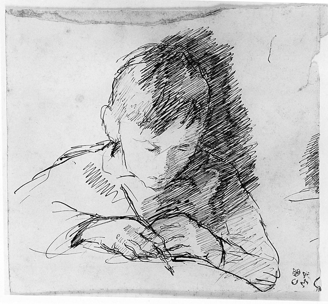ritratto di bambino (r.), figura femminile seduta (v.) (disegno) di Chaplin Elisabeth (sec. XX)