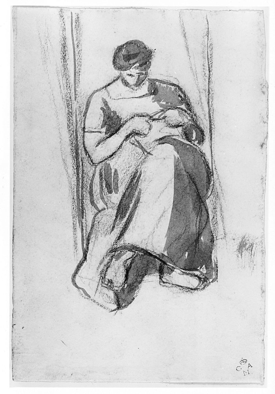 madre con bambino (r.), figure femminili e maschili (v.) (disegno) di Chaplin Elisabeth (sec. XX)