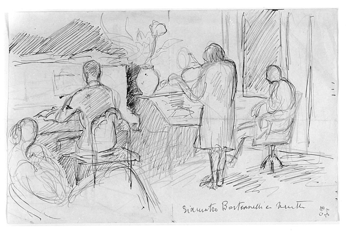 Concerto di Giannetto Bastianelli e Nenette, interno con figure (r.), paesaggio (v.) (disegno) di Chaplin Elisabeth (sec. XX)