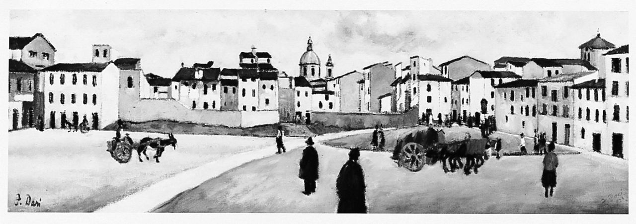 Vecchia piazza fiorentina (piazza Tasso), veduta di città (dipinto) di Dani Franco (sec. XX)