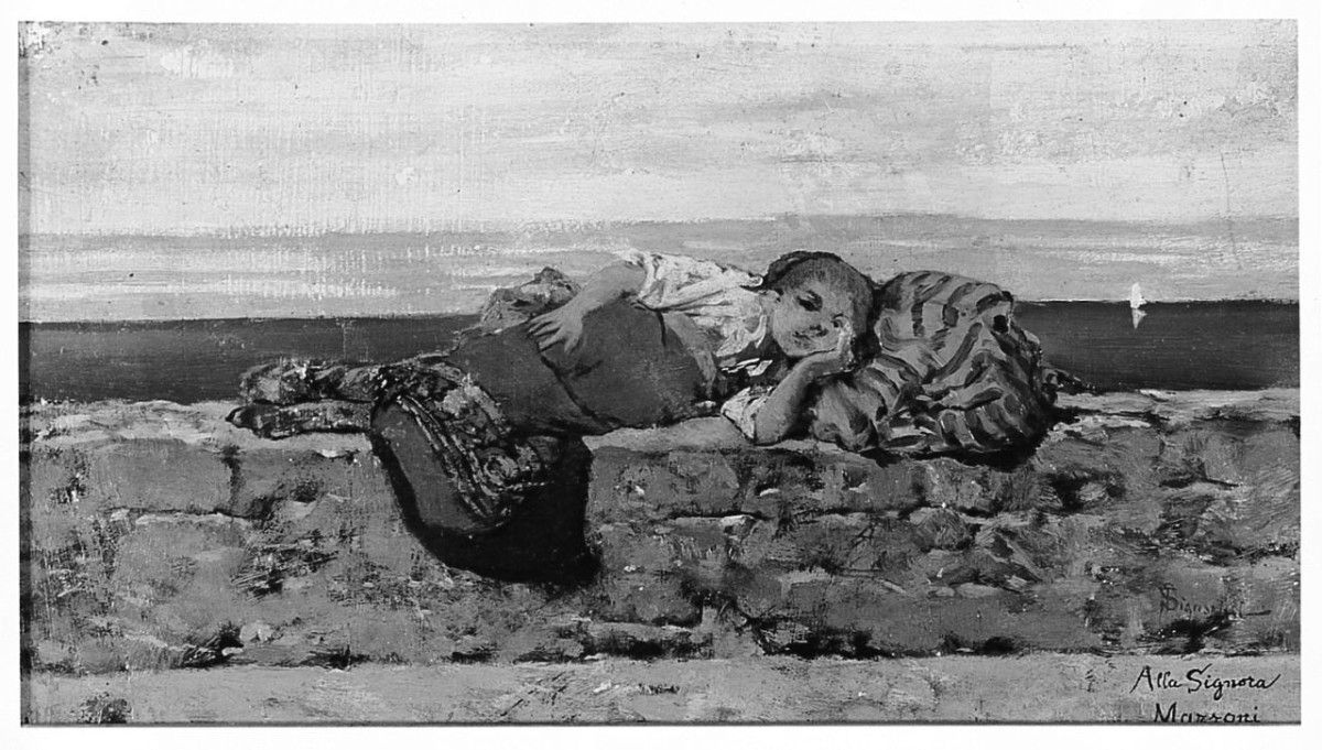 Contadinella sulla spalletta, giovane contadina che dorme (dipinto) di Signorini Telemaco (sec. XIX)