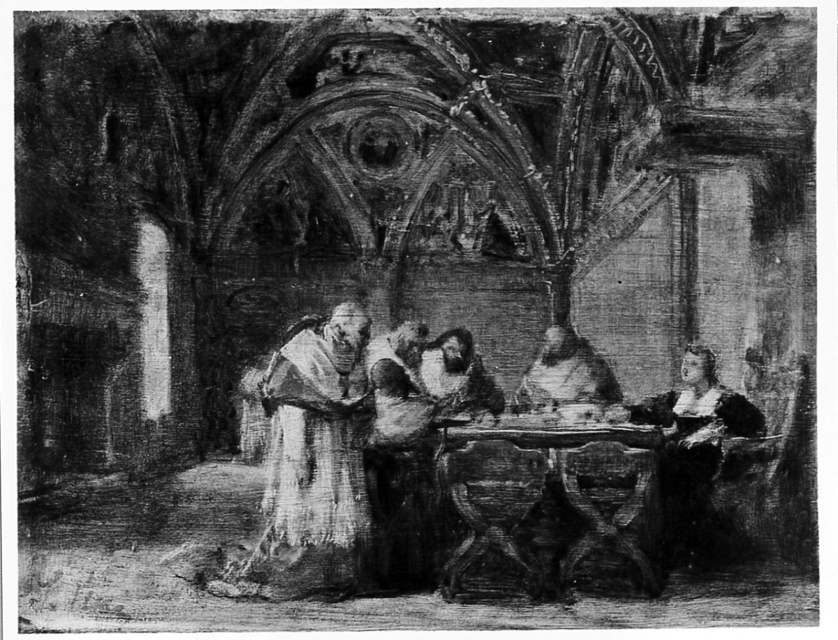 scena storica, interno con figure maschili (dipinto) di Ussi Stefano (sec. XIX)