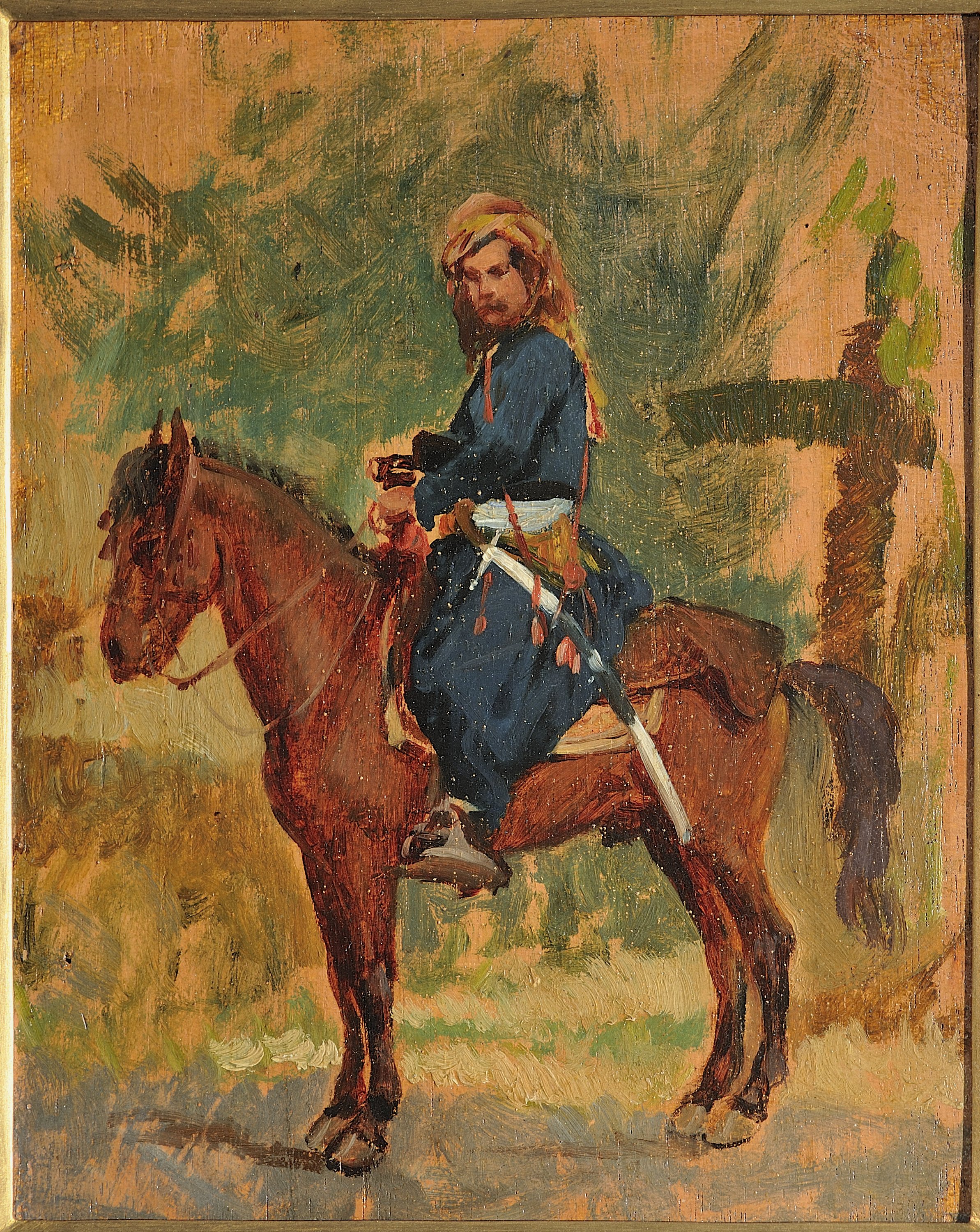 cavaliere su cavallo baio (dipinto) di Ussi Stefano (sec. XIX)