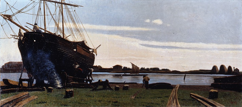 paesaggio marino con una nave allo scalo (dipinto) di Zandomeneghi Federico (sec. XIX)