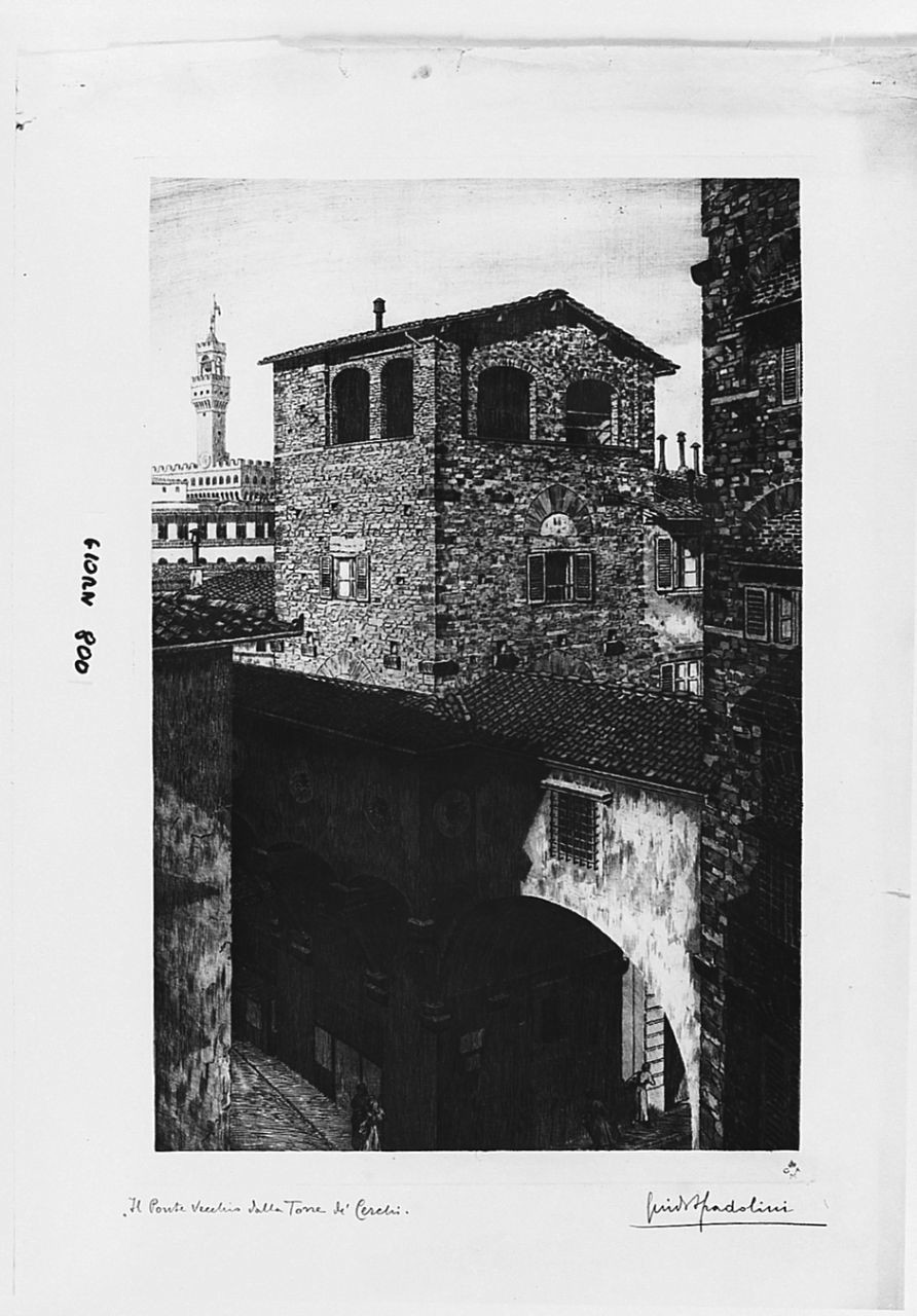 Il ponte Vecchio dalla Torre dei Cerhi (stampa) di Spadolini Guido (sec. XX)