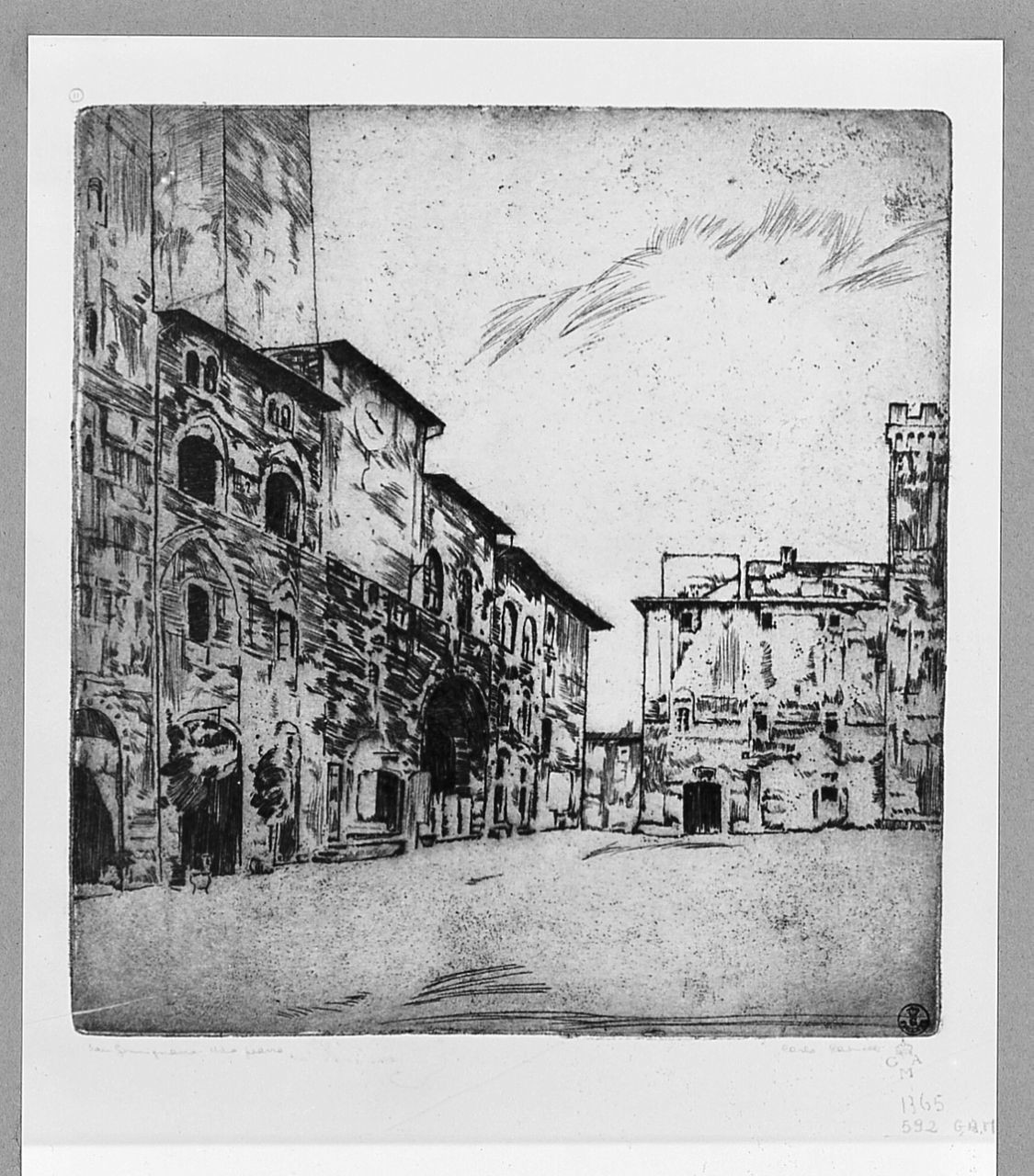 una piazza a San Gimignano (stampa) di Cainelli Carlo (sec. XX)