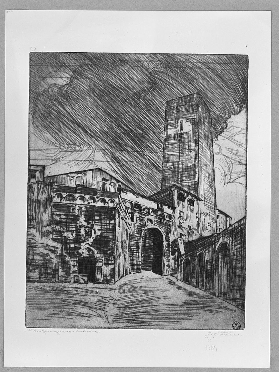 veduta di una torre a San Gimignano (stampa) di Cainelli Carlo (sec. XX)