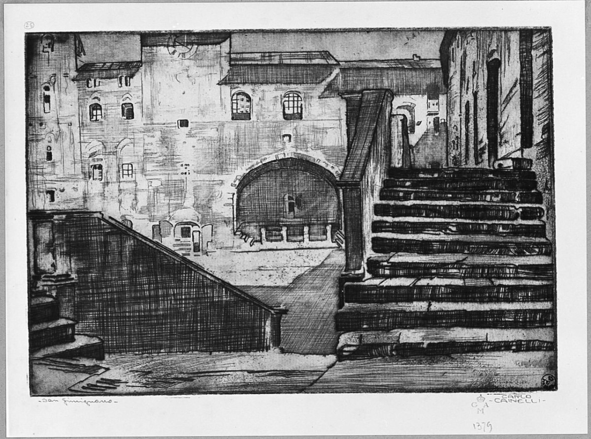 veduta di San Gimignano (stampa) di Cainelli Carlo (sec. XX)