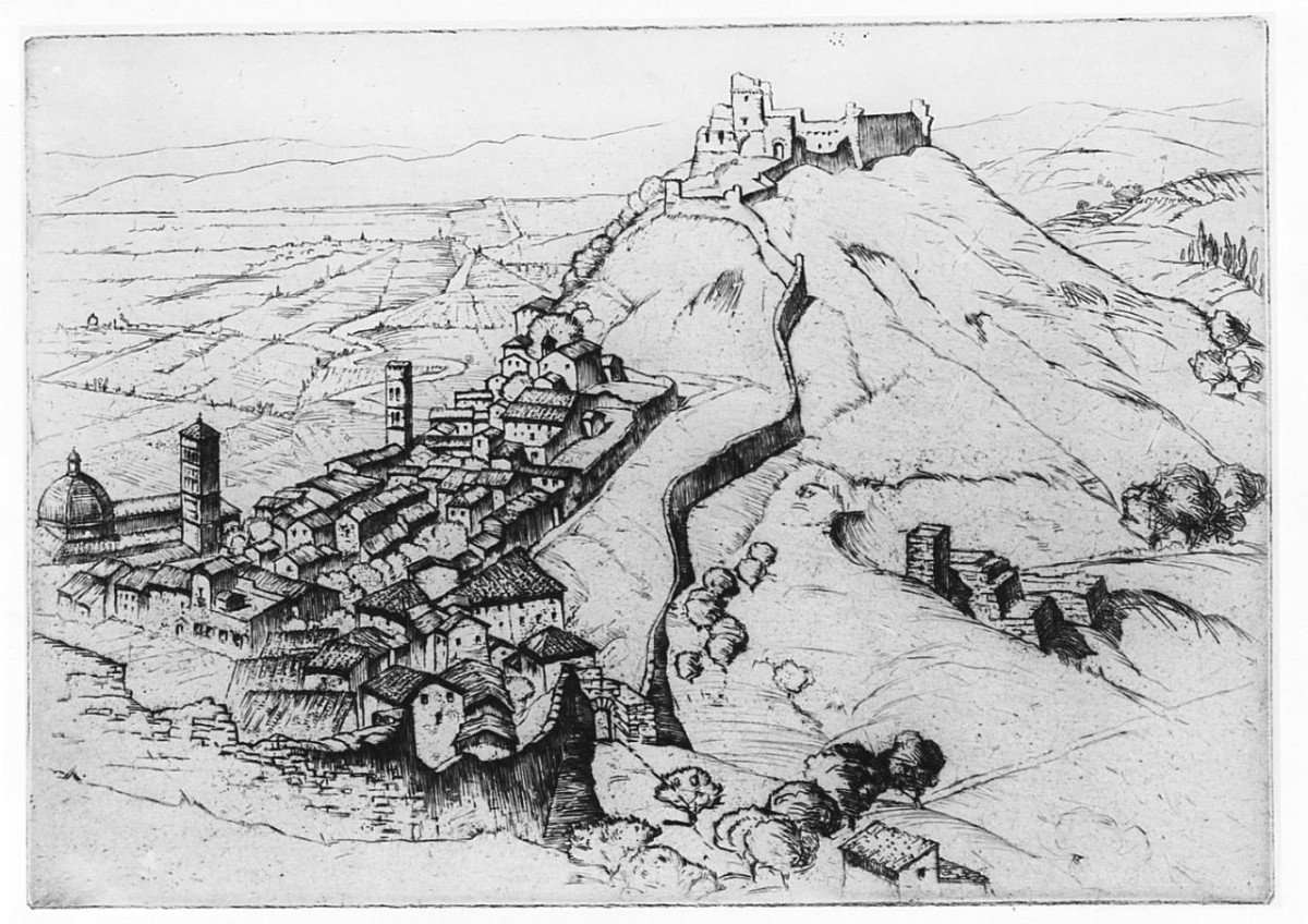 La rocca di Assisi (stampa) di Mazzoni Zarini Emilio (prima metà sec. XX)