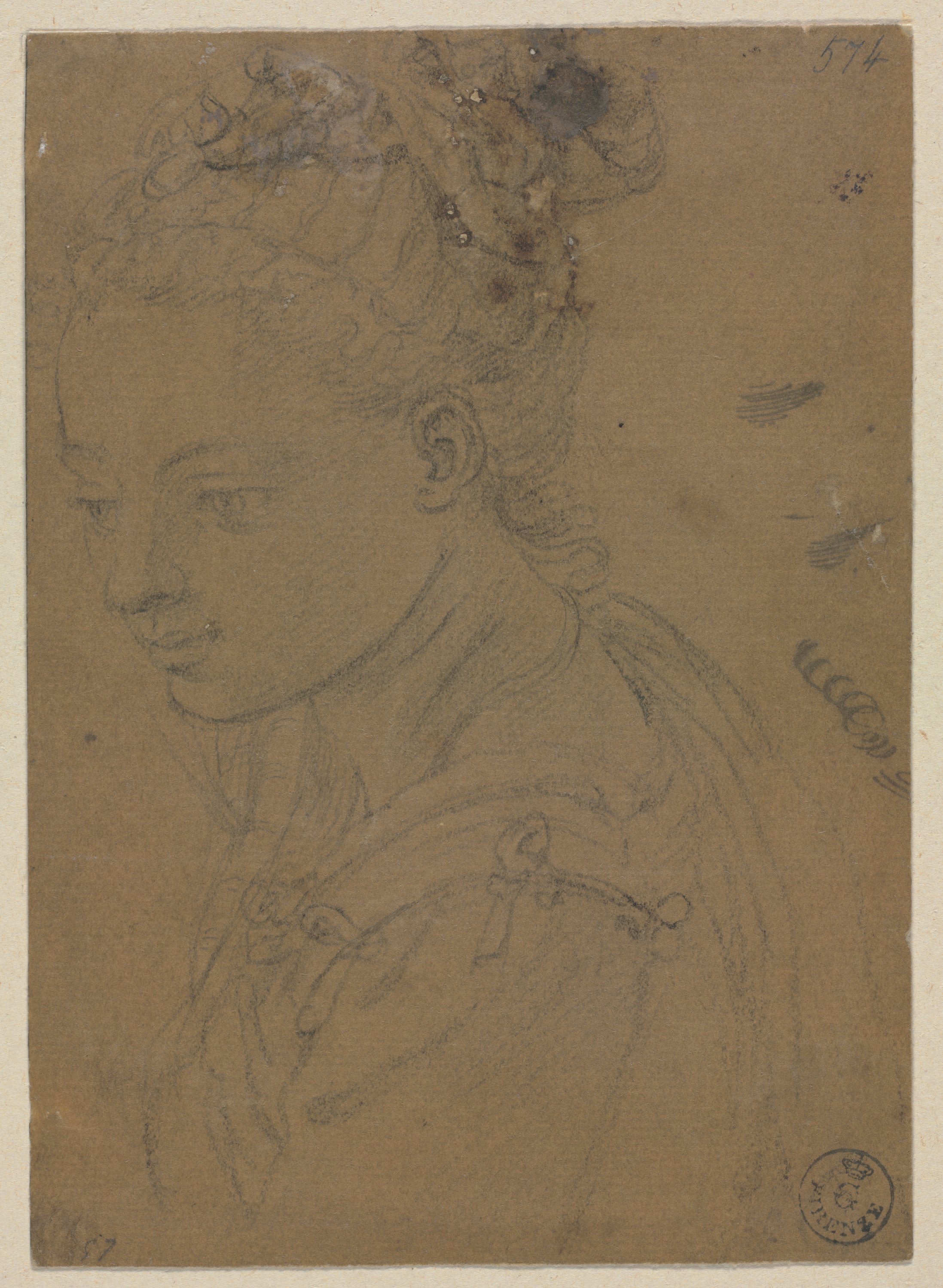 figura femminile a mezzo busto con acconciatura (disegno) di Allori Alessandro (XVII)