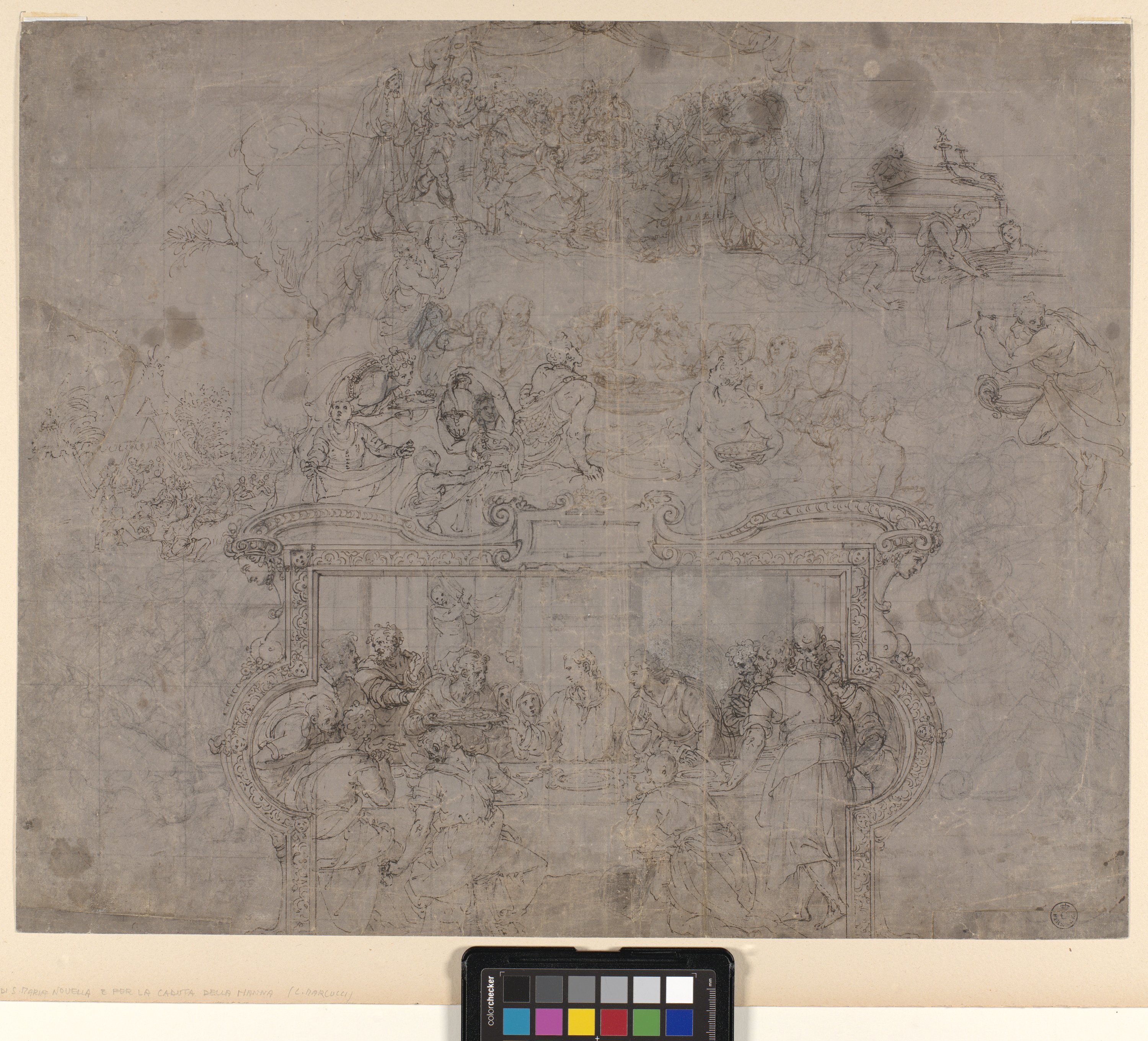composizione con in alto figure sedute e in piedi, al centro la caduta della manna e in basso l'ultima cena (disegno) di Allori Alessandro (XVI)