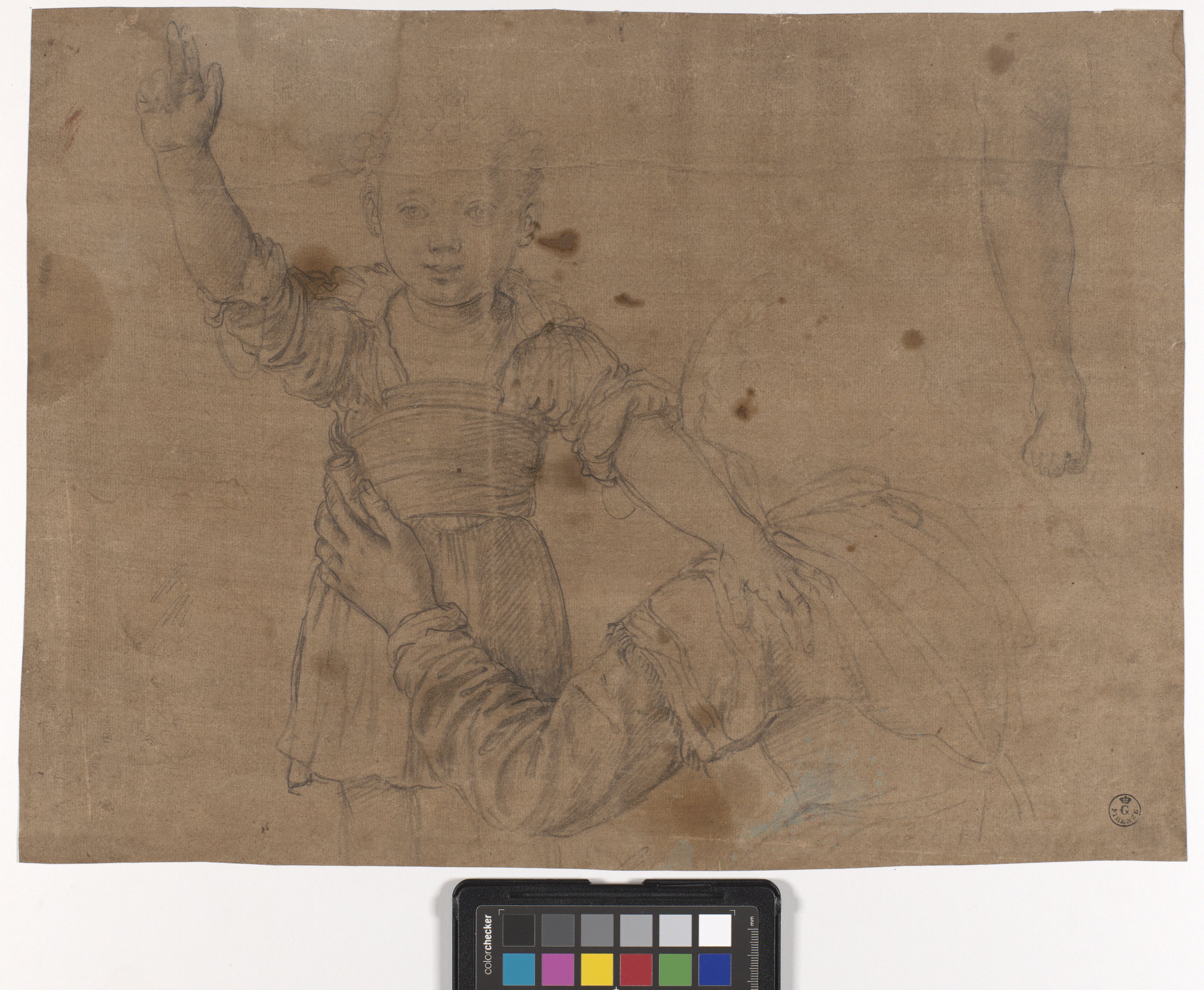 donna a mezza figura che fascia un bambino e studio di una gamba (disegno) di Allori Alessandro (ultimo quarto XVI)