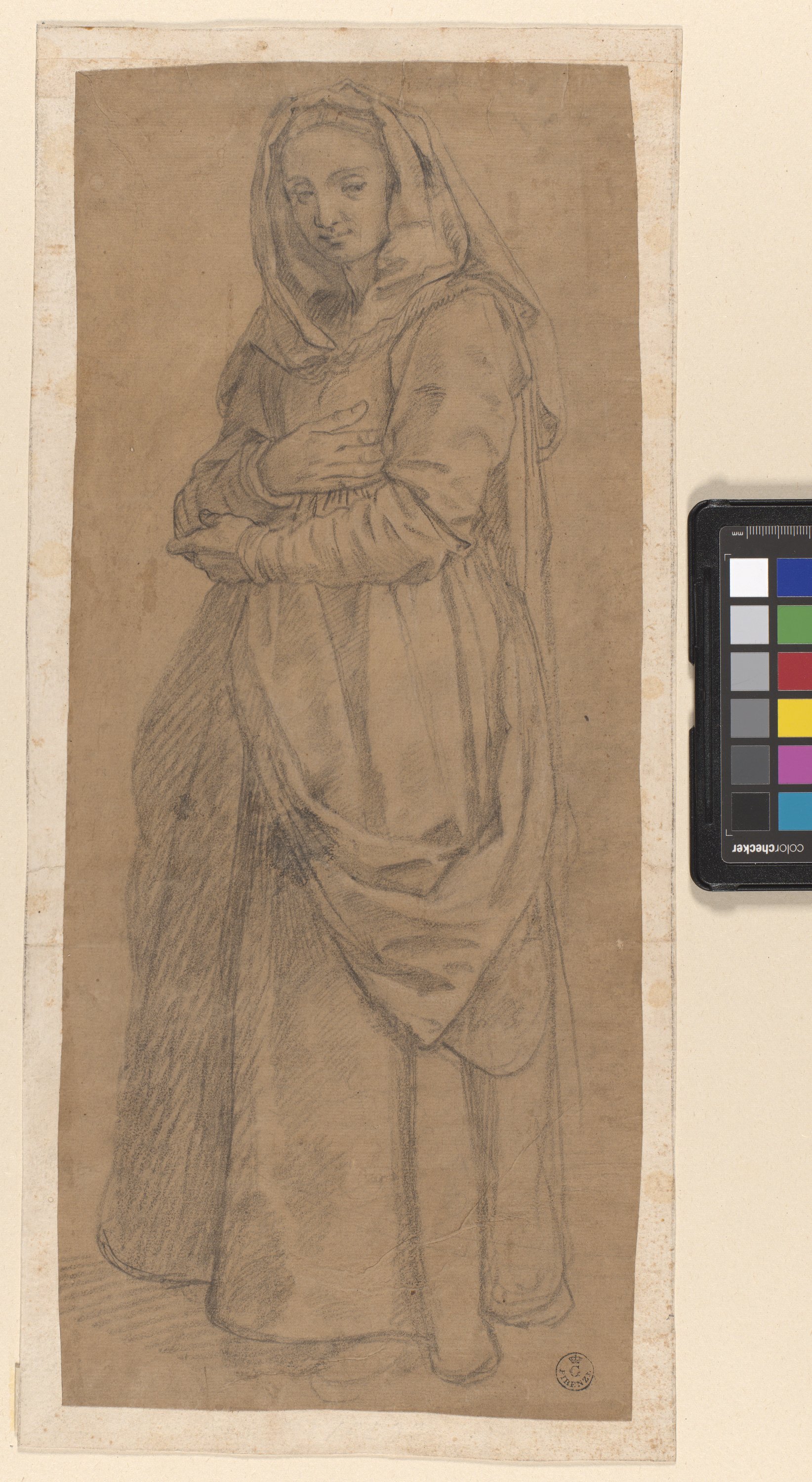 figura femminile ammantata in piedi (disegno) di Allori Alessandro (fine XVI)