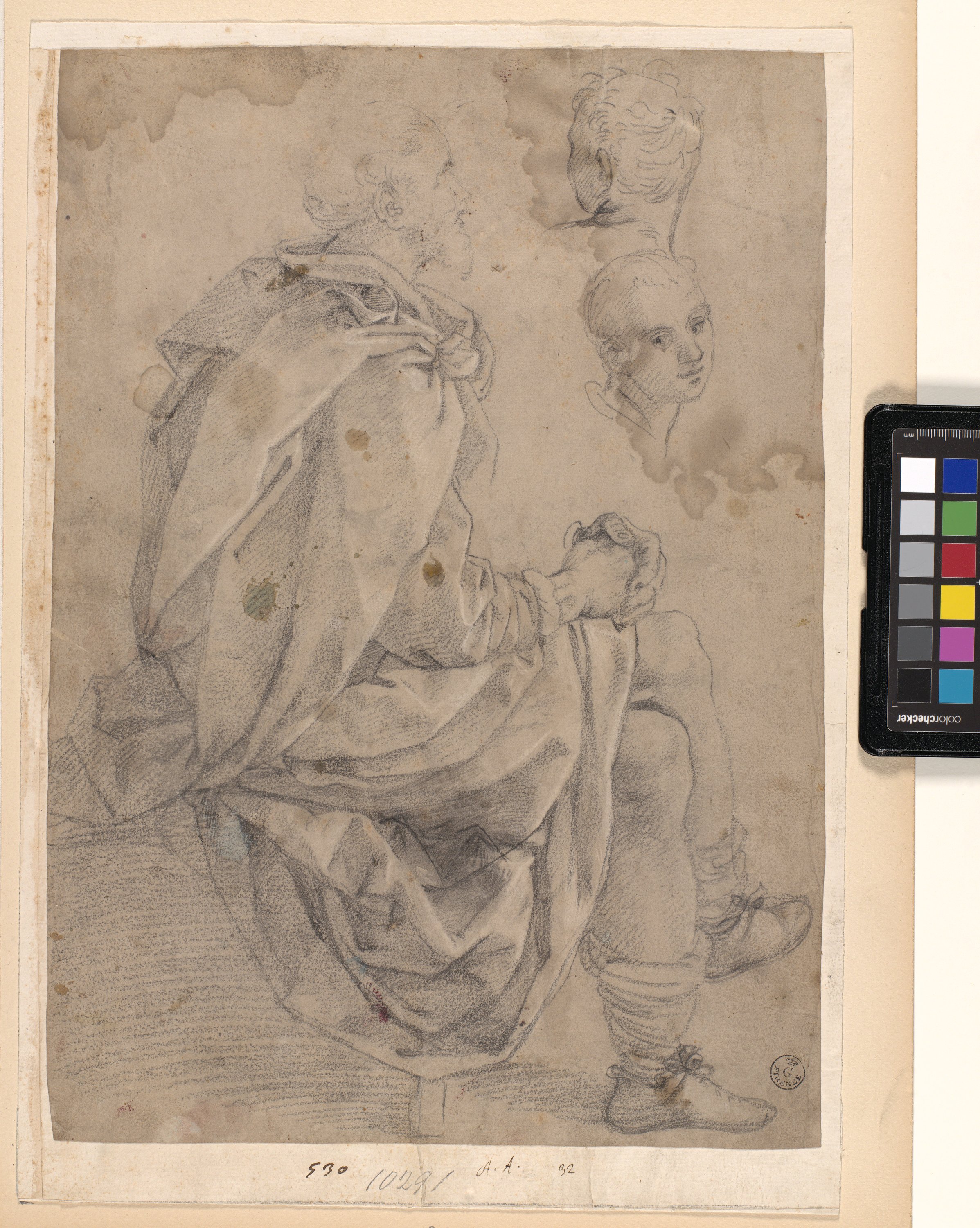 Figura di vecchio panneggiato seduto, due studi di teste (disegno) di Allori Alessandro (ultimo quarto XVI)
