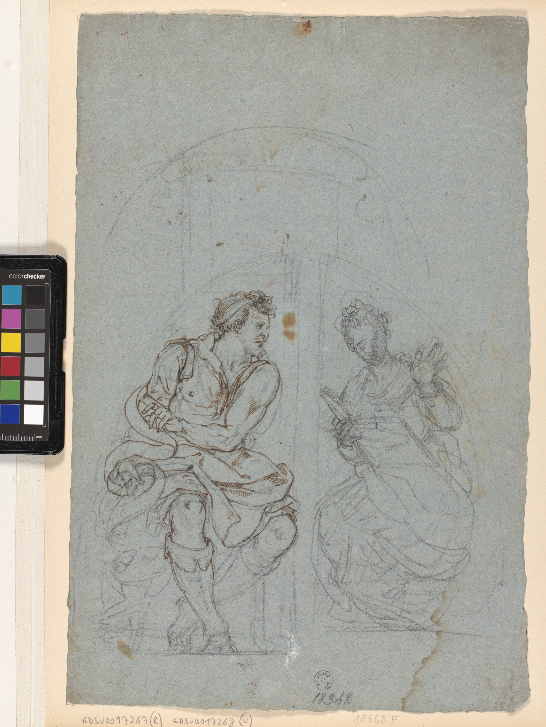 Due figure, una maschile e una femminile entro una lunetta (r.), Studio di un braccio con una scodella in mano (v.) (disegno) di Allori Alessandro (ultimo quarto XVI)