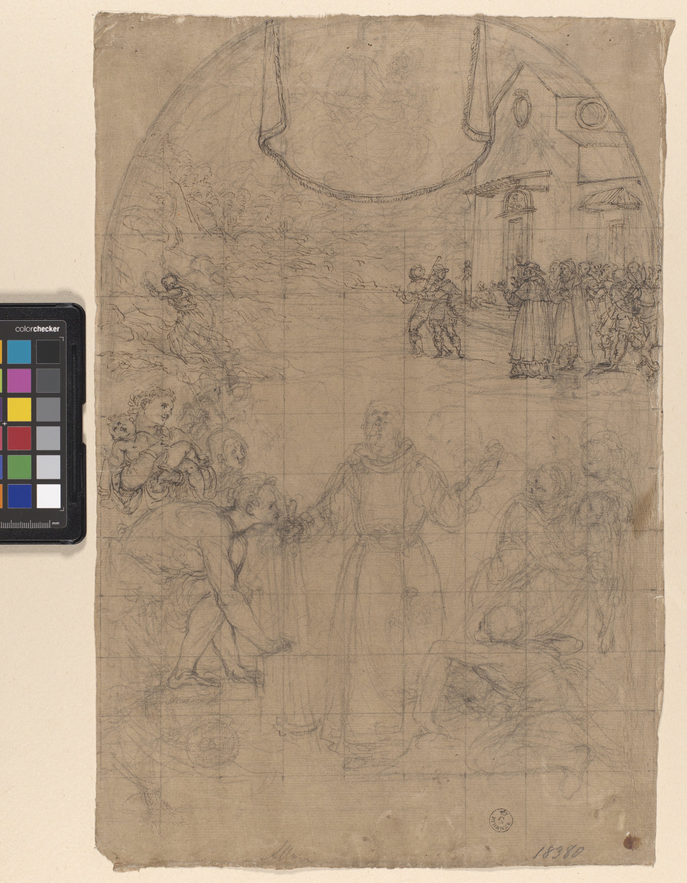 miracoli di San Fiacre (r.), due schizzi di motivi decorativi (v.) (disegno) di Allori Alessandro (ultimo quarto XVI)