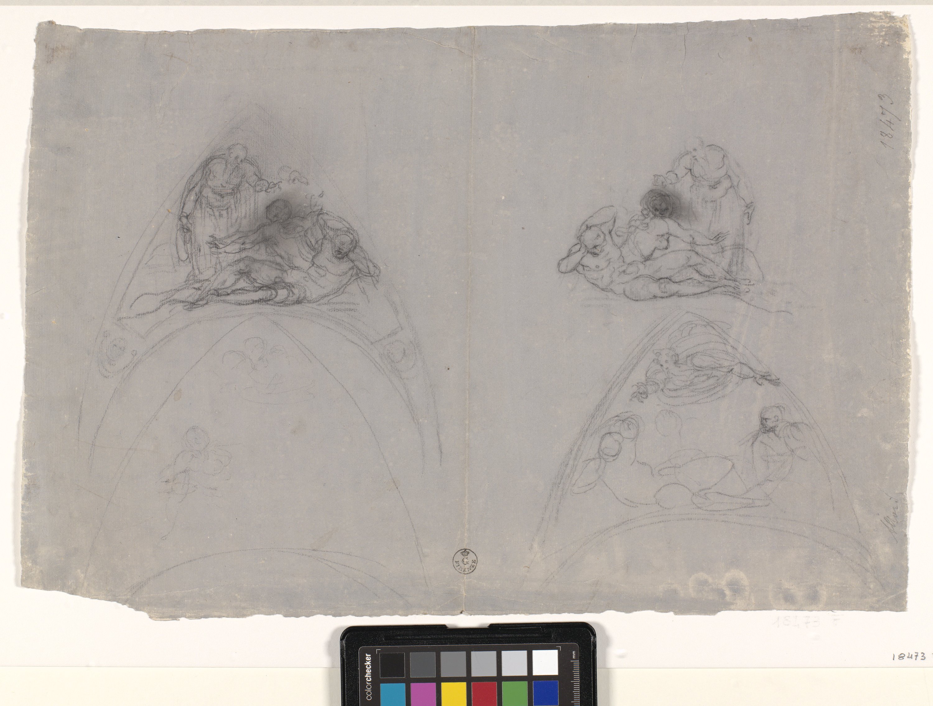 Studi di due composizioni a forma di lunetta con creazione di Eva (disegno) di Allori Alessandro (ultimo quarto XVI)