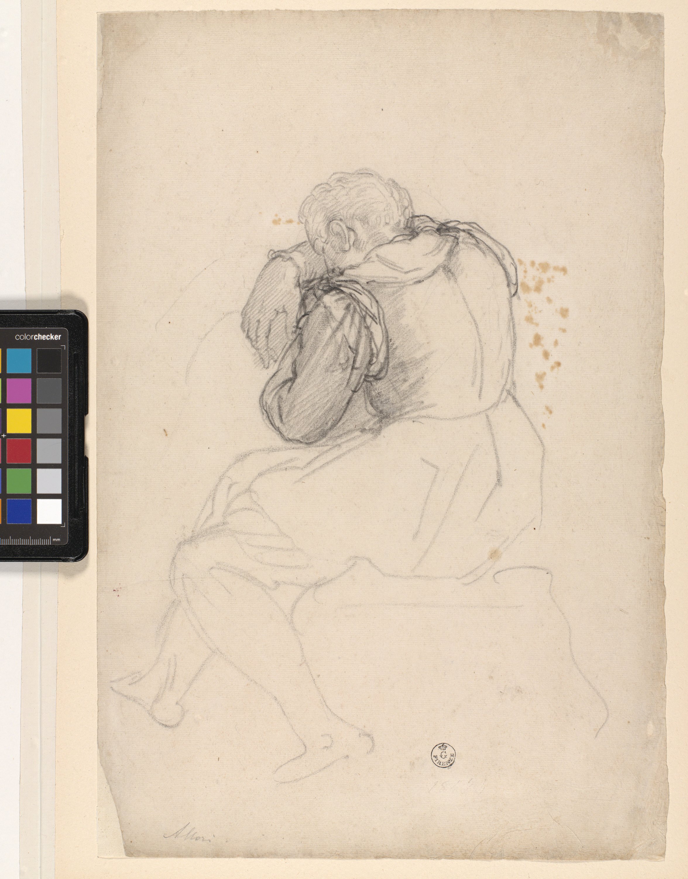 figura maschile seduta vista di spalle (disegno) di Allori Alessandro (fine/ inizio XVI/ XVII)