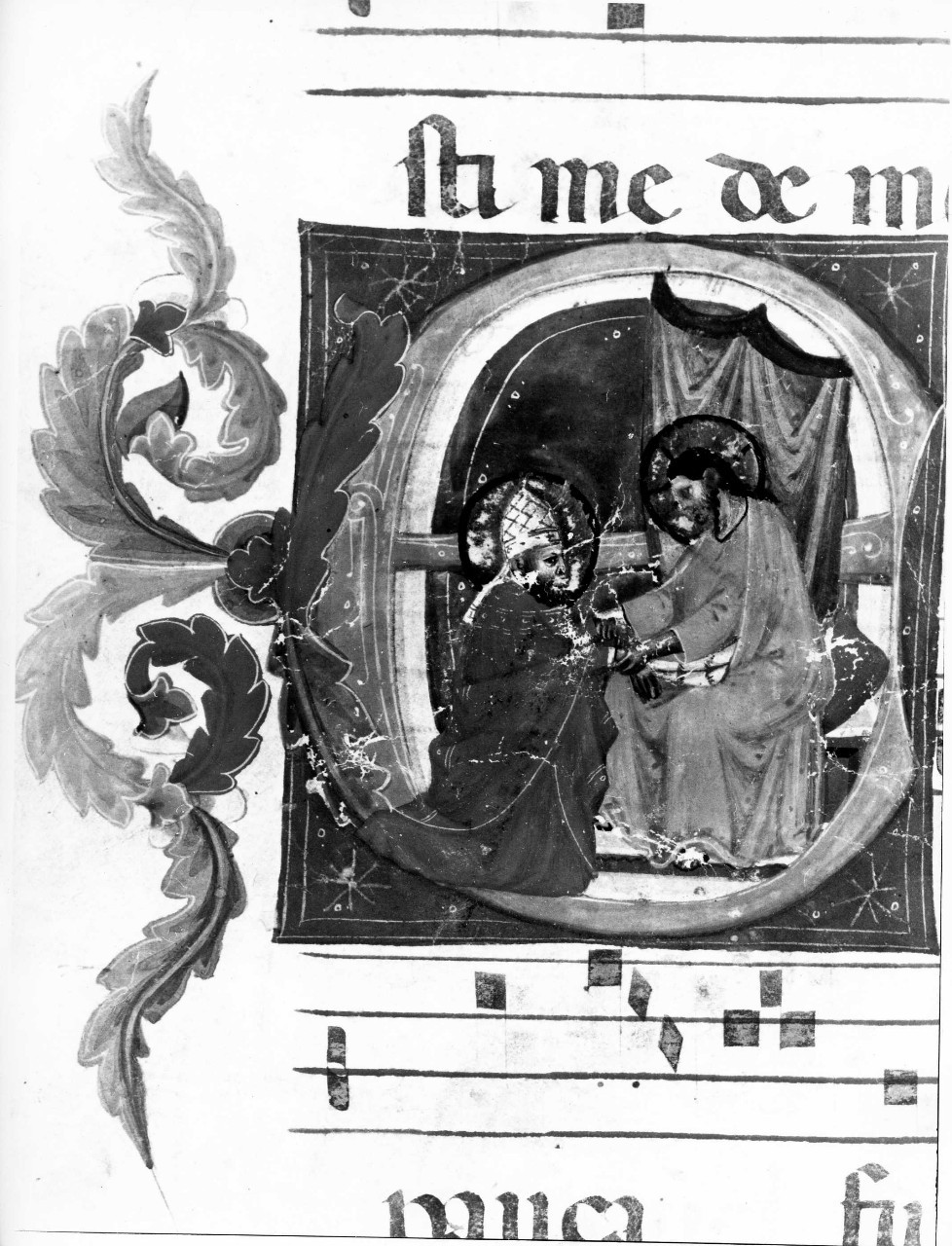 papa inginocchiato davanti a Cristo (miniatura) - ambito bolognese (sec. XIV)