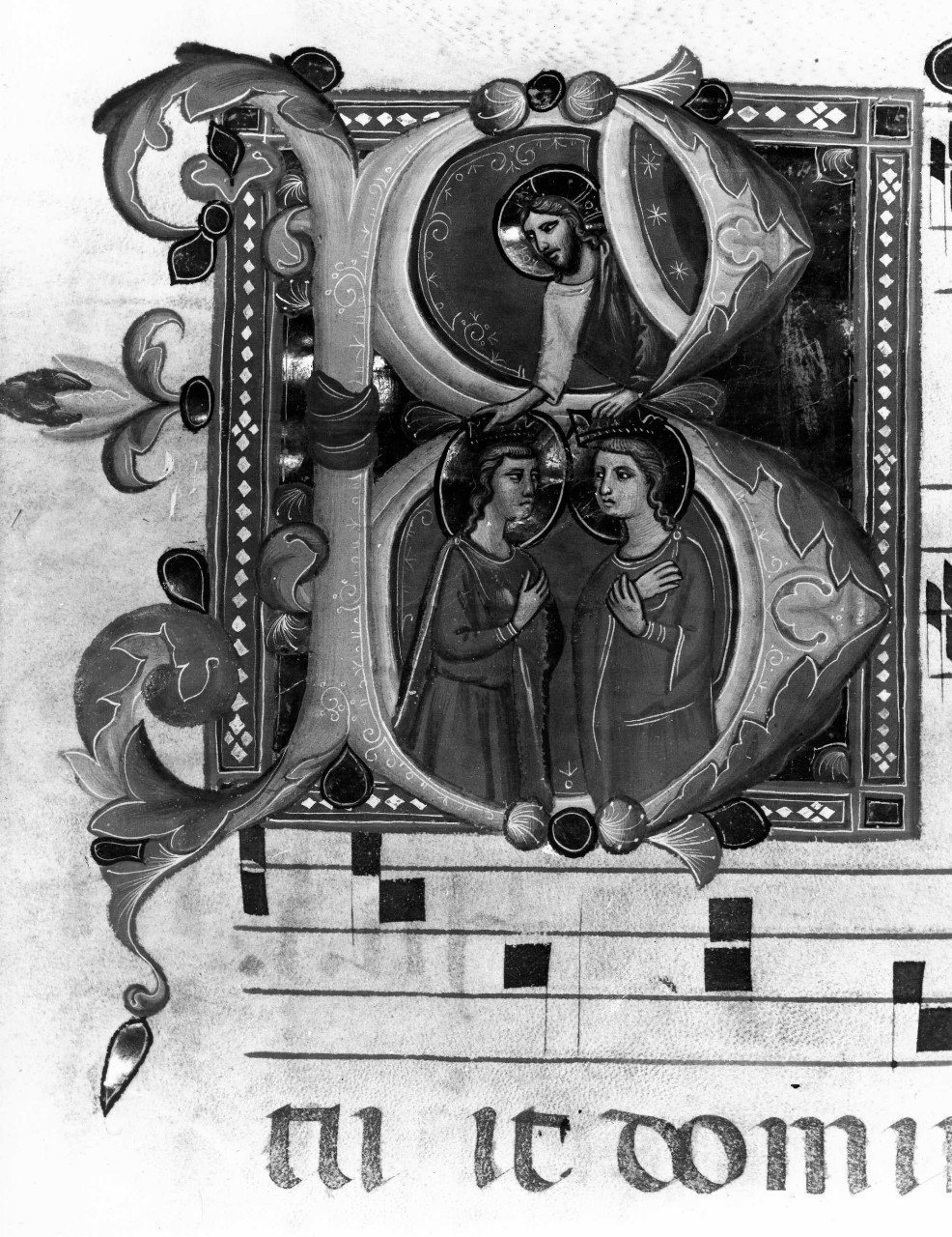 Cristo incorona due Santi (miniatura, elemento d'insieme) di Pacino di Buonaguida (bottega) (sec. XIV)