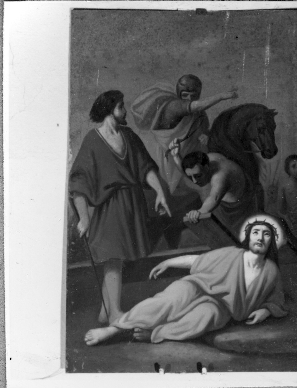 stazione III: Gesù cade sotto la croce la prima volta (dipinto) - manifattura emiliana (fine sec. XIX)