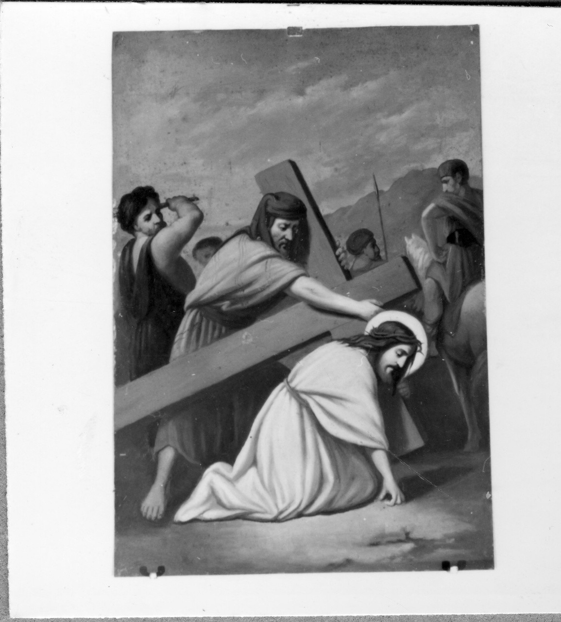 stazione V: Gesù aiutato da Simone il Cireneo a portare la croce (dipinto) - manifattura emiliana (fine sec. XIX)