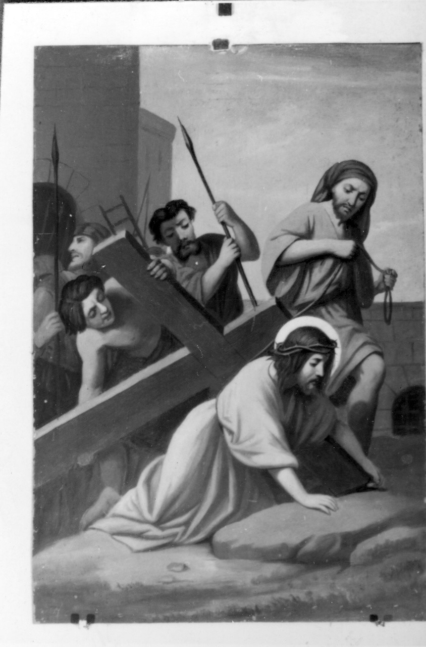 stazione VII: Gesù cade sotto la croce la seconda volta (dipinto) - manifattura emiliana (fine sec. XIX)