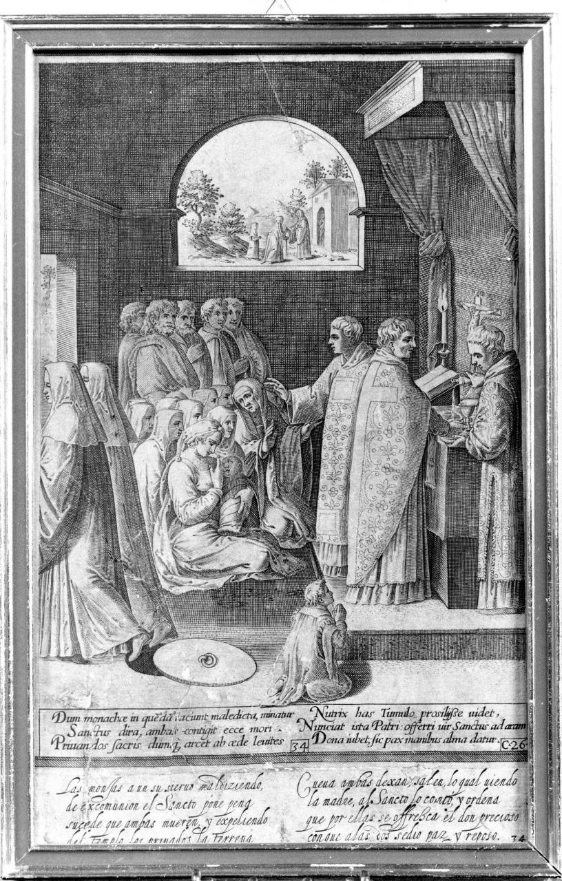 San Benedetto che dà pace a due anime morte, San Benedetto celebrante (stampa) di Caprioli Aliprando, Passeri Bernardino (sec. XVI)