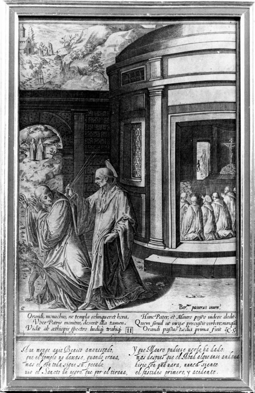 San Benedetto che scaccia la tentazione in un monaco, San Benedetto scaccia la tentazione da un monaco (stampa) di Caprioli Aliprando, Passeri Bernardino (sec. XVI)