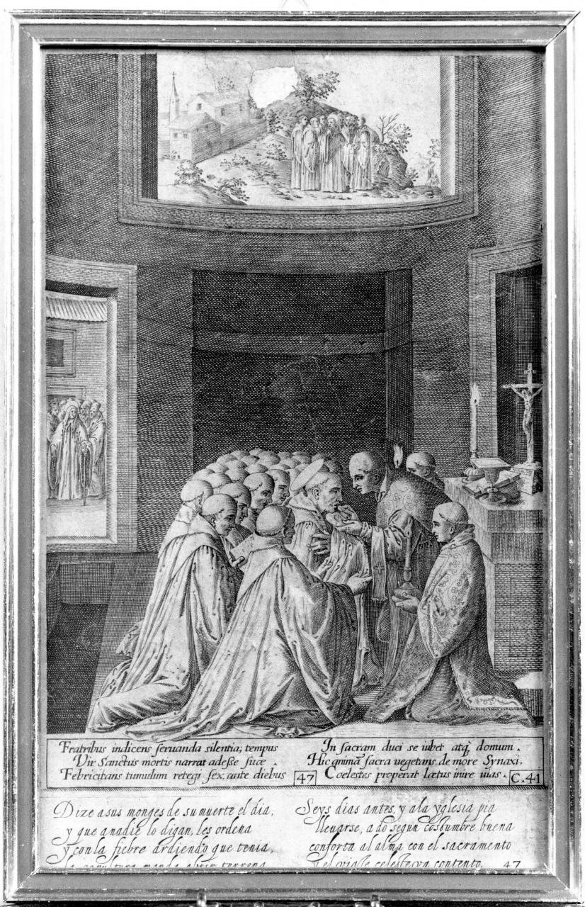 San Benedetto che riceve l'Eucarestia in previsione della sua morte, San Benedetto riceve l'Eucarestia (stampa) di Caprioli Aliprando, Passeri Bernardino (sec. XVI)