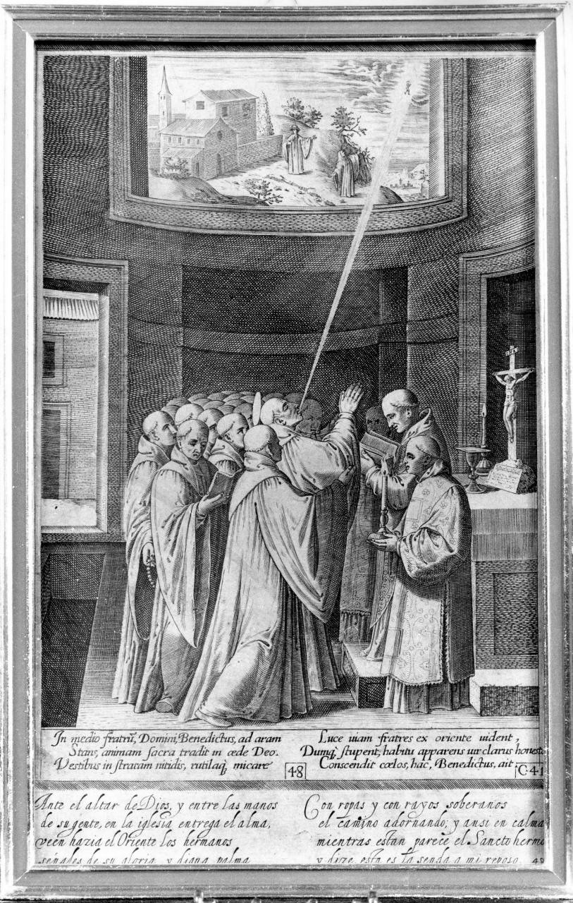 San Benedetto che spira fra i monaci mentre officia la Messa, morte di San Benedetto (stampa) di Caprioli Aliprando, Passeri Bernardino (sec. XVI)