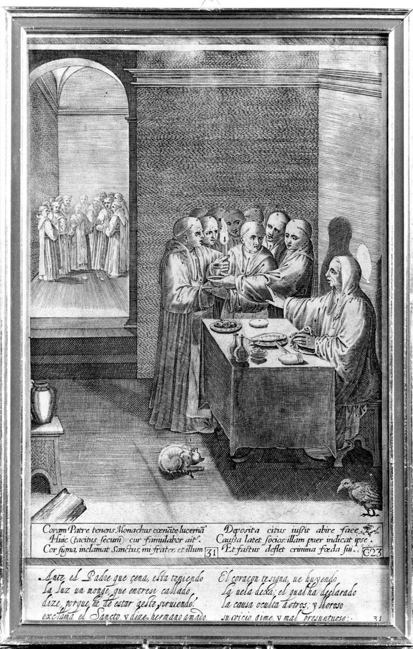 San Benedetto che redarguisce un monaco che ha peccato di superbia, San Benedetto rimprovera un monaco (stampa) di Caprioli Aliprando, Passeri Bernardino (sec. XVI)