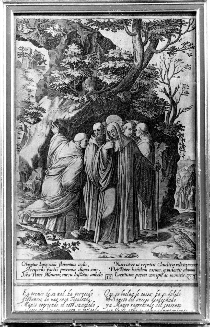 San Benedetto che apprende da Mauro il crollo della casa monastica, San Benedetto e San Mauro (stampa) di Caprioli Aliprando, Passeri Bernardino (sec. XVI)
