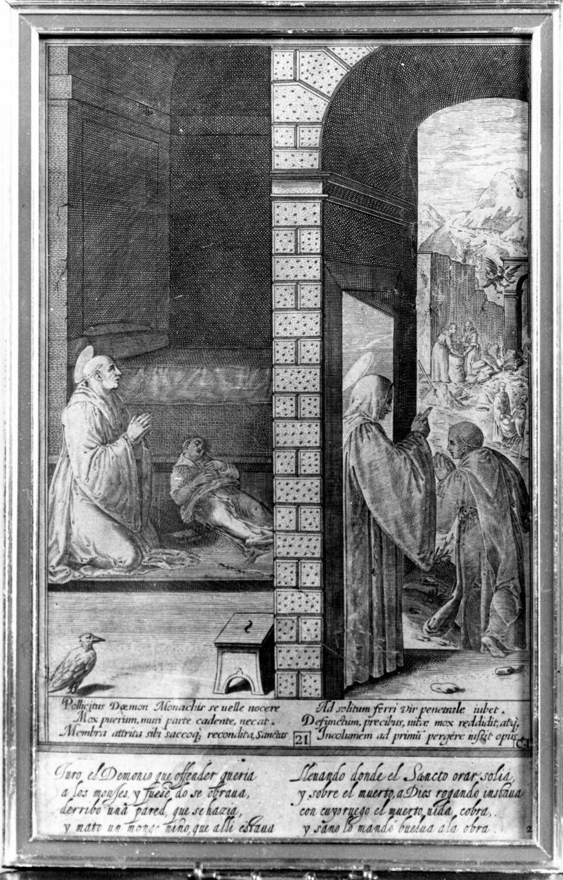 San Benedetto che resuscita un giovane monaco morto durante i lavori, San Benedetto resuscita un monaco (stampa) di Caprioli Aliprando, Passeri Bernardino (sec. XVI)
