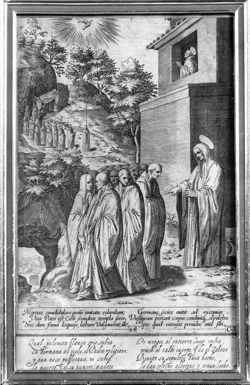 San Benedetto che manda i confratelli alle esequie di Santa Scolastica, San Benedetto e la morte di Santa Scolastica (stampa) di Caprioli Aliprando, Passeri Bernardino (sec. XVI)