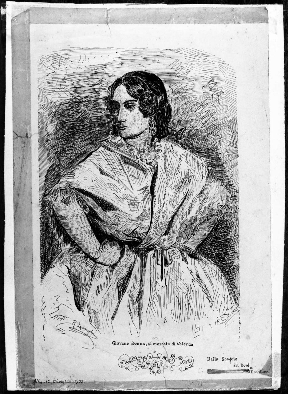 giovane donna al mercato di Valenza, ritratto di donna (disegno) di Longhi Roberto (sec. XX)