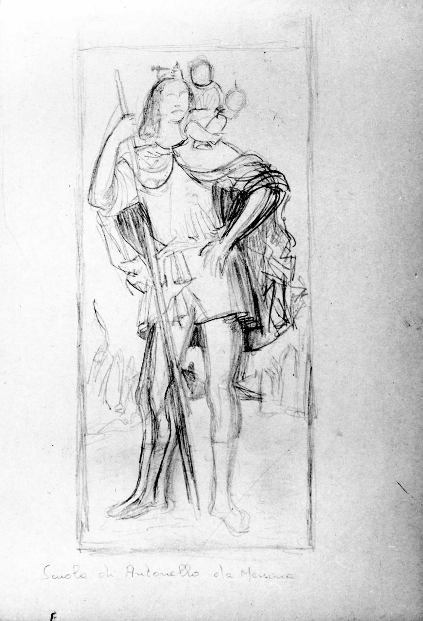 San Cristoforo guada il fiume con Gesù Bambino sulle spalle (disegno) di Longhi Roberto (sec. XX)