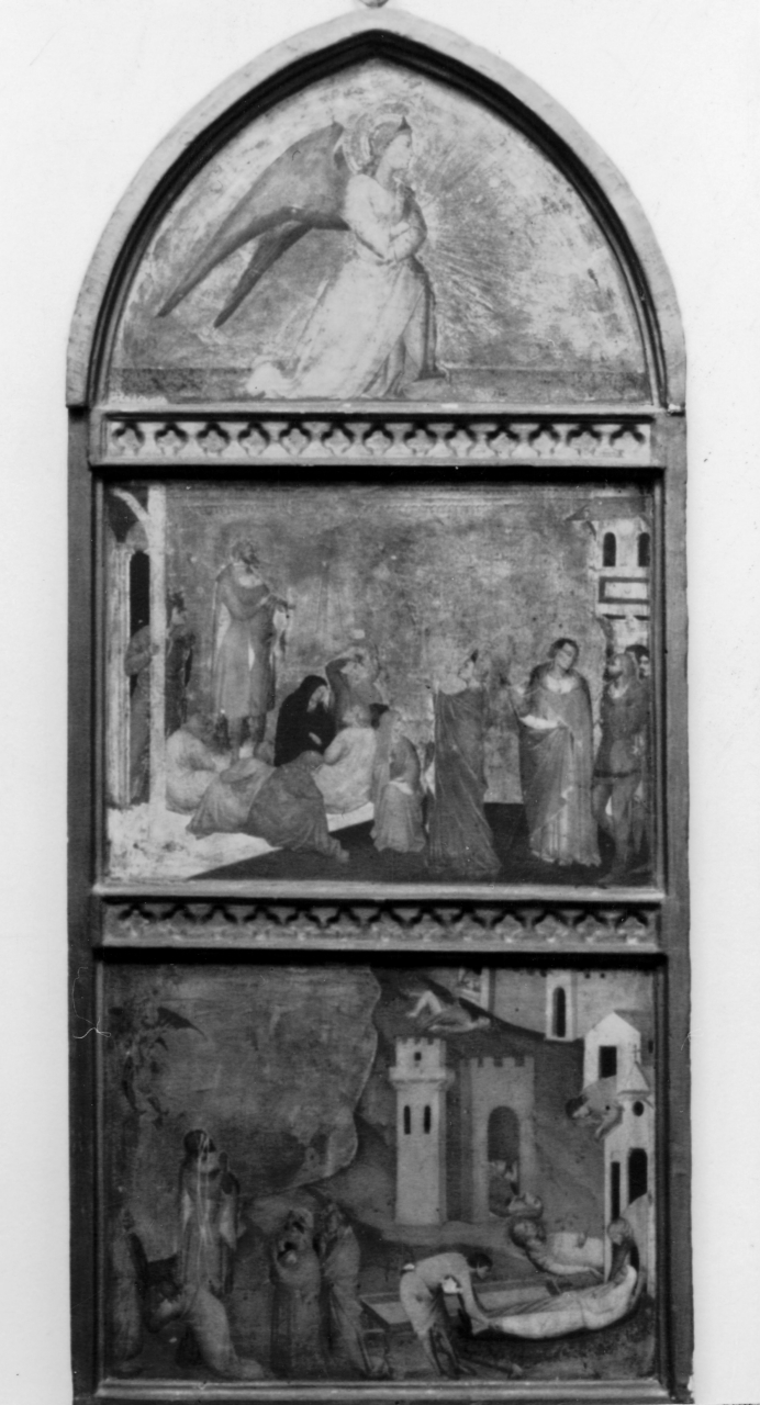 storie della vita di San Sebastiano, angelo annunciante (dipinto, elemento d'insieme) di Giovanni del Biondo (terzo quarto sec. XIV)