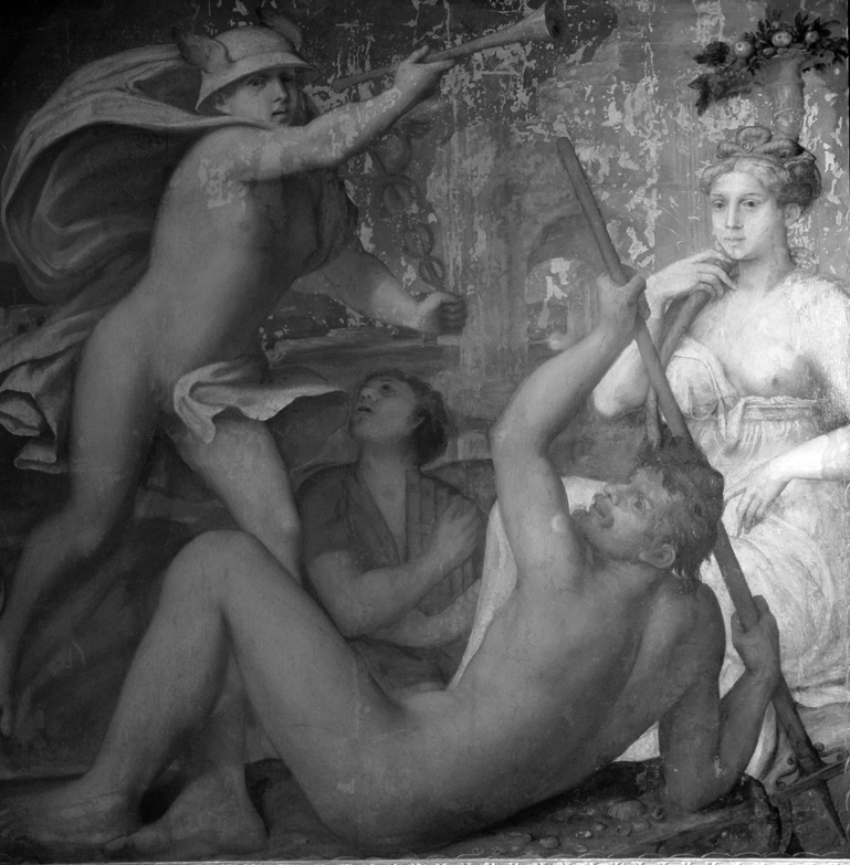 Mercurio annuncia il bando contro Psiche, Mercurio e Psiche (dipinto, opera isolata) di Menzocchi Francesco (XVI)