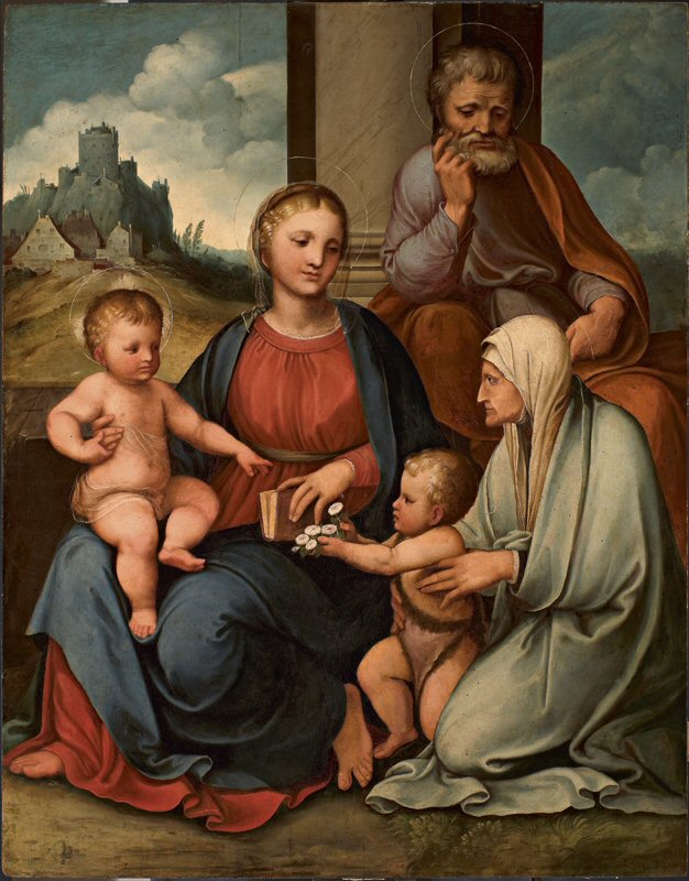 Sacra Famiglia con i santi Elisabetta e Giovannino (dipinto) di Pennacchi Girolamo da Treviso II (inizio XVI)