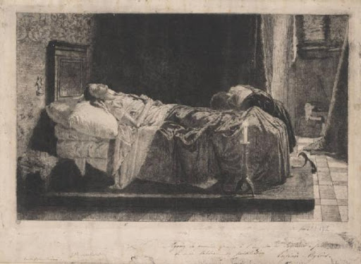 la figlia del tintoretto, figura femminile su letto di morte (stampa, opera isolata) di Pagliano Eleuterio (attribuito) - ambito Italia settentrionale (ultimo quarto XIX)